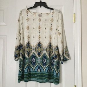 Chico’s Sz 2 (12/14) Casual top peacock design